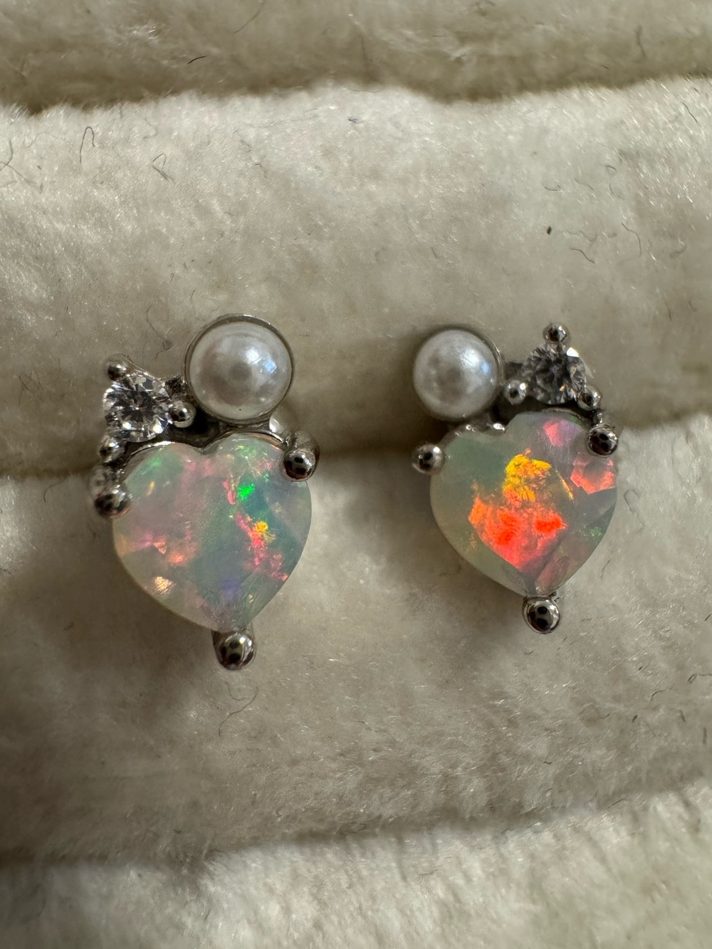 S925 Opal heart cluster earrings faux pearl cz studs natural white opals silver